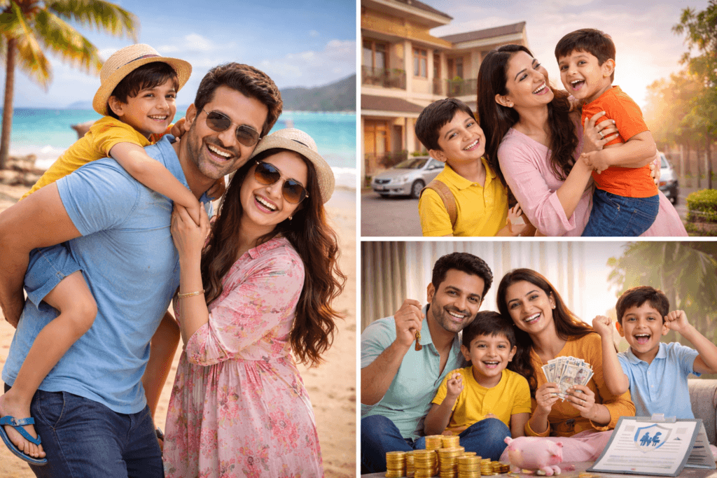 Indian parents planning child education with LIC policy