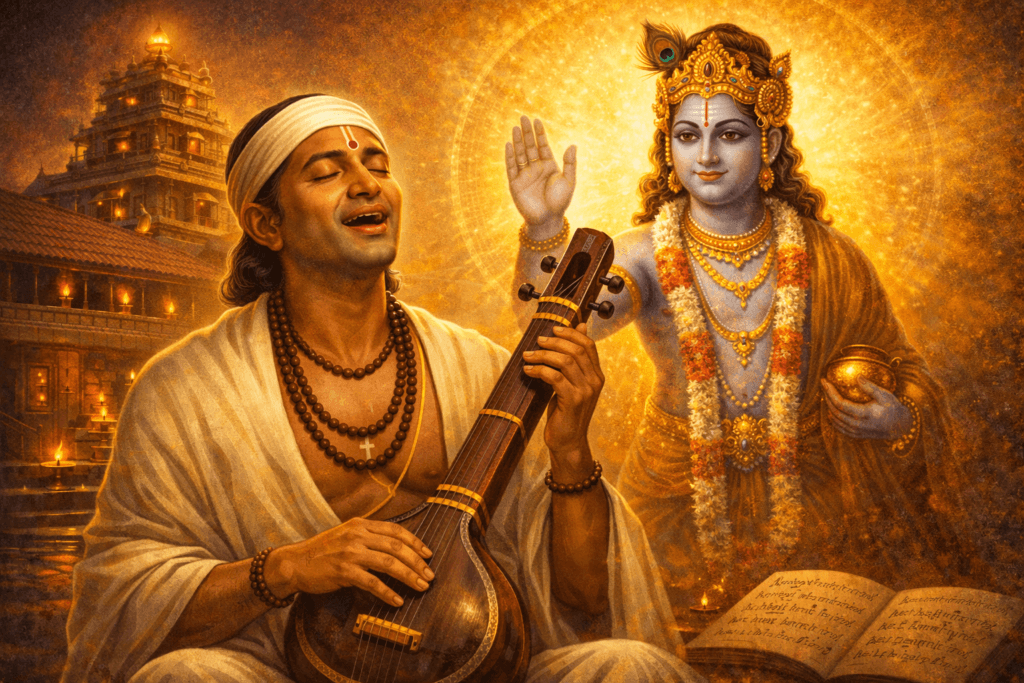 Kanakadasa receiving Lord Krishna darshan from the back door of Udupi Temple