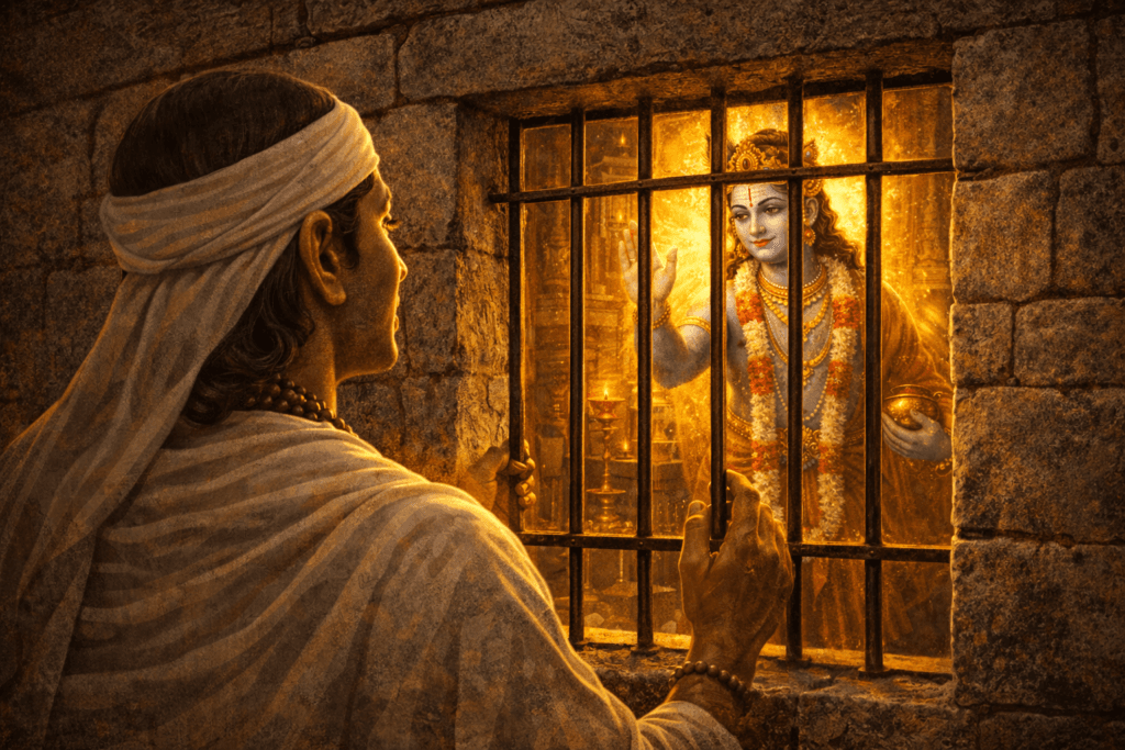 Kanakadasa singing devotional songs while Lord Krishna blesses him